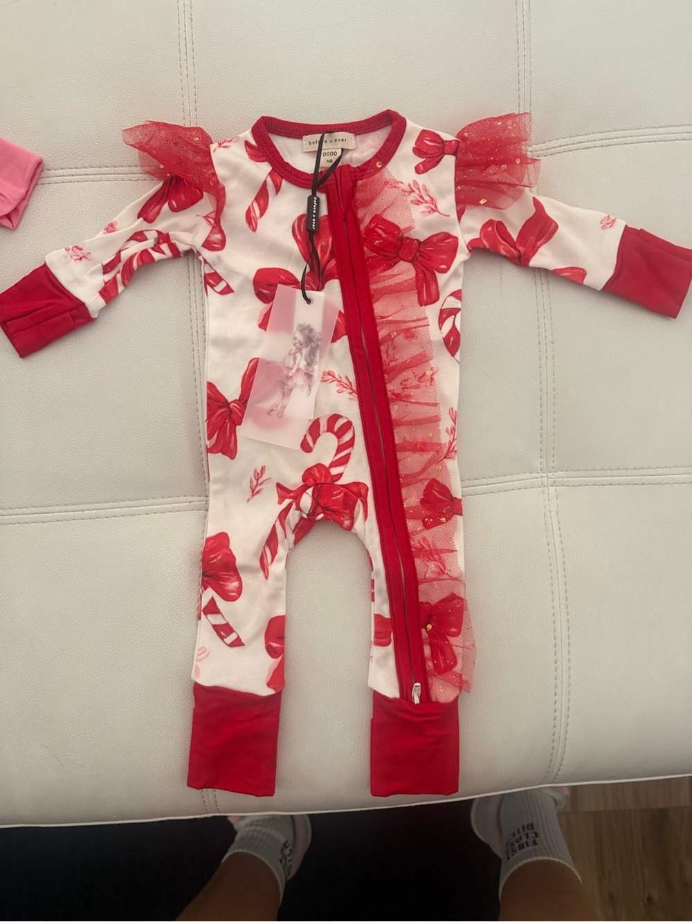 Holiday Red Candy Cane Baby One-Piece Bodysuit with Tulle Ruffle